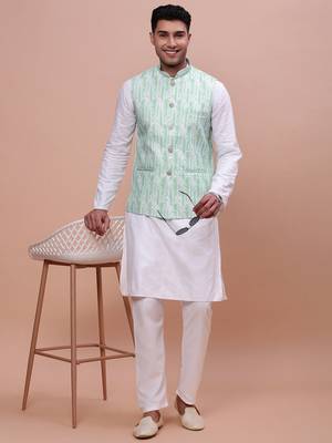 men's solid green slim fit nehru jacket 5