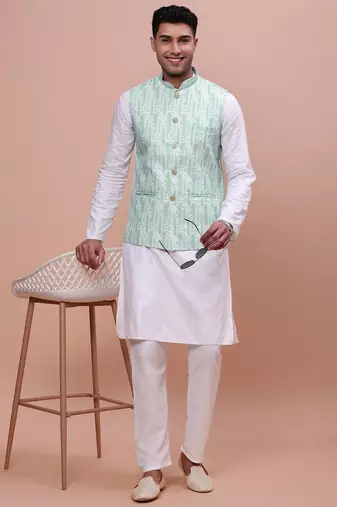 men's solid green slim fit nehru jacket