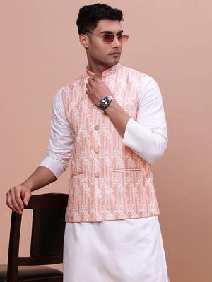 men's solid peach slim fit nehru jacket 1