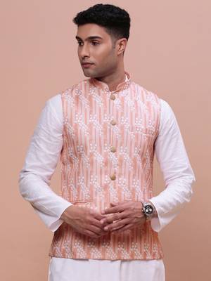 men's solid peach slim fit nehru jacket 2
