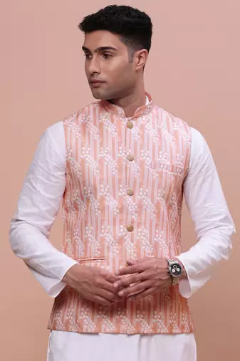 men's solid peach slim fit nehru jacket
