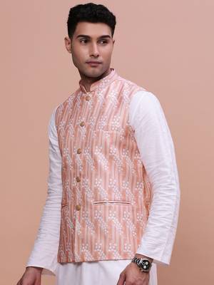 men's solid peach slim fit nehru jacket 3