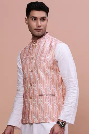 men's solid peach slim fit nehru jacket