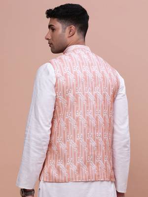 men's solid peach slim fit nehru jacket 4
