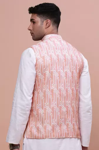 men's solid peach slim fit nehru jacket