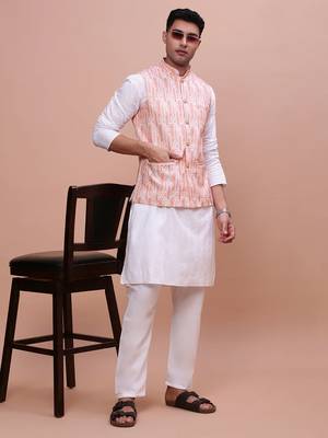men's solid peach slim fit nehru jacket 5