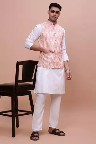 men's solid peach slim fit nehru jacket