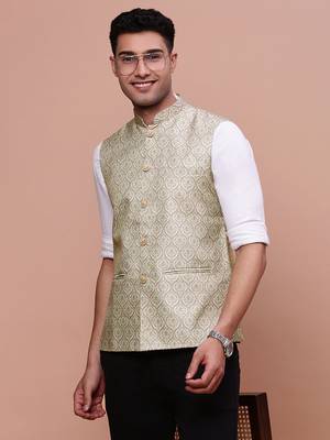 men's solid green slim fit nehru jacket 1