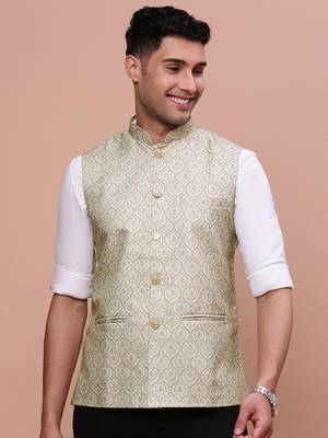men's solid green slim fit nehru jacket 2