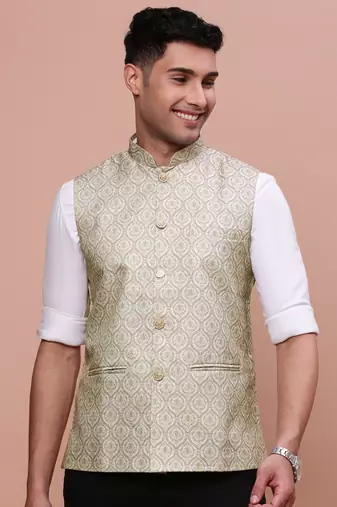 men's solid green slim fit nehru jacket