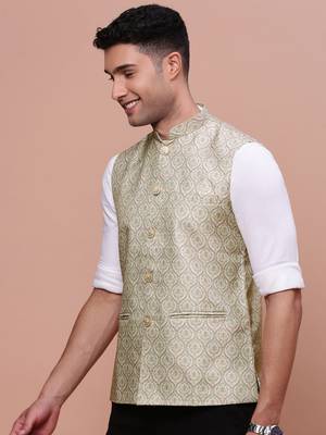 men's solid green slim fit nehru jacket 3