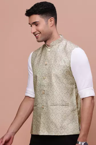 men's solid green slim fit nehru jacket