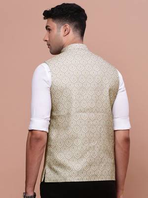 men's solid green slim fit nehru jacket 4