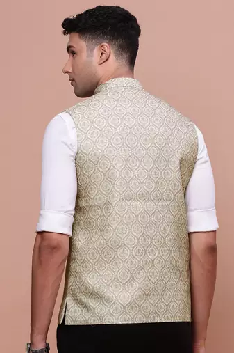 men's solid green slim fit nehru jacket