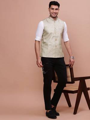 men's solid green slim fit nehru jacket 5