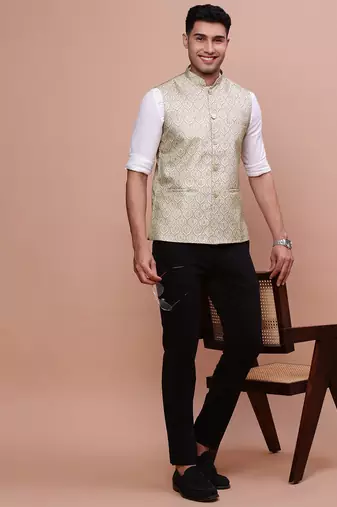 men's solid green slim fit nehru jacket