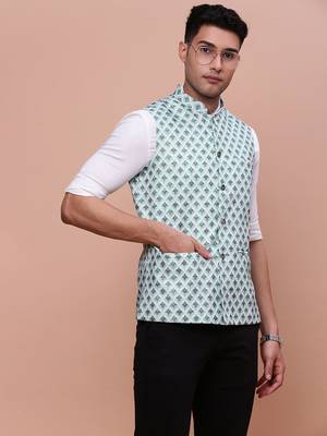 men's solid green slim fit nehru jacket 1