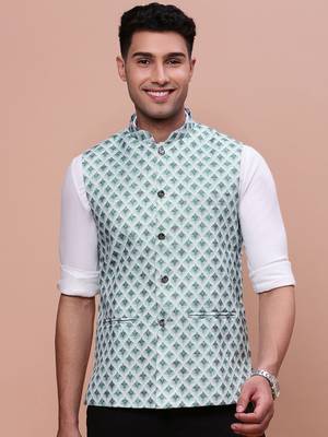 men's solid green slim fit nehru jacket 2