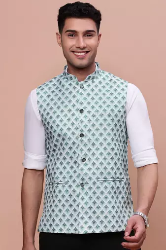 men's solid green slim fit nehru jacket