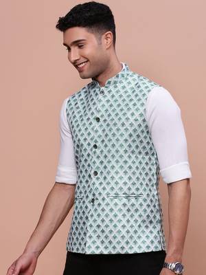 men's solid green slim fit nehru jacket 3