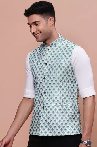men's solid green slim fit nehru jacket
