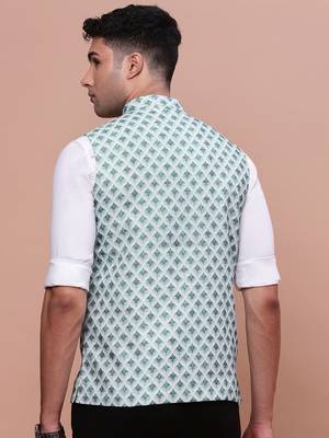 men's solid green slim fit nehru jacket 4