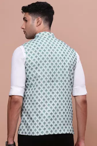 men's solid green slim fit nehru jacket