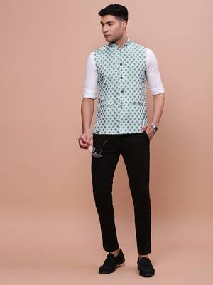 men's solid green slim fit nehru jacket 5
