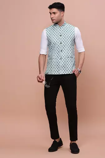 men's solid green slim fit nehru jacket
