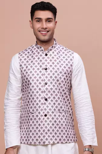 men's solid pink slim fit nehru jacket