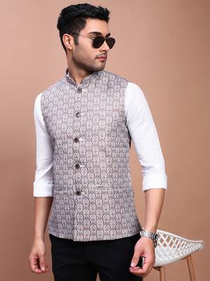 men's printed brown slim fit nehru jacket 1