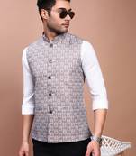 men's printed brown slim fit nehru jacket