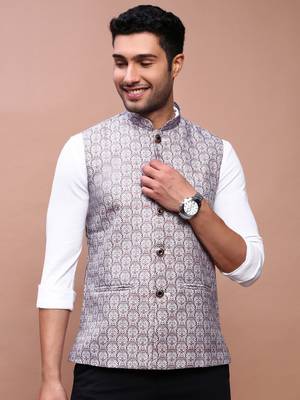men's printed brown slim fit nehru jacket 2