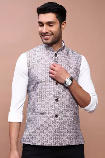 men's printed brown slim fit nehru jacket