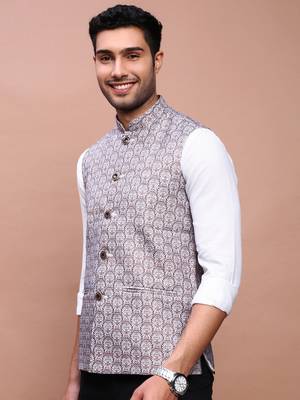 men's printed brown slim fit nehru jacket 3