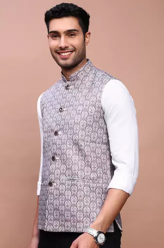 men's printed brown slim fit nehru jacket