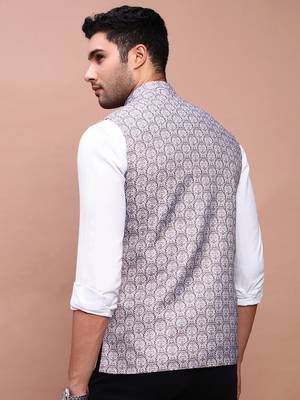 men's printed brown slim fit nehru jacket 4