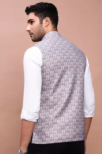 men's printed brown slim fit nehru jacket