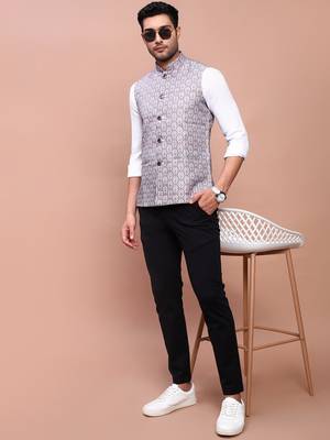 men's printed brown slim fit nehru jacket 5