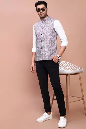 men's printed brown slim fit nehru jacket