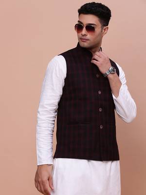 men's checked burgundy slim fit nehru jacket 1