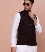 men's checked burgundy slim fit nehru jacket