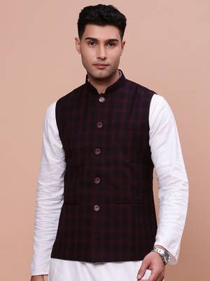 men's checked burgundy slim fit nehru jacket 2