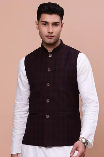 men's checked burgundy slim fit nehru jacket