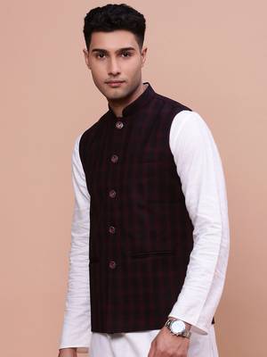 men's checked burgundy slim fit nehru jacket 3