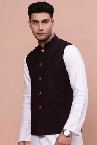 men's checked burgundy slim fit nehru jacket