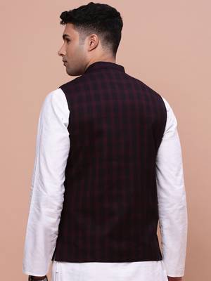 men's checked burgundy slim fit nehru jacket 4