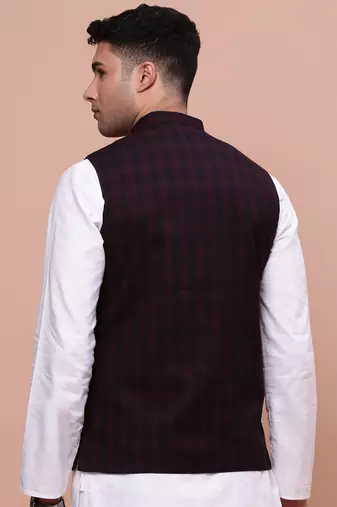 men's checked burgundy slim fit nehru jacket