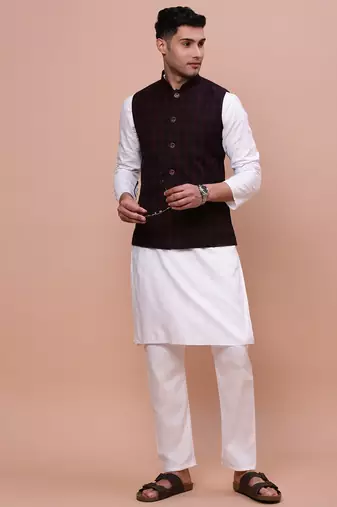 men's checked burgundy slim fit nehru jacket
