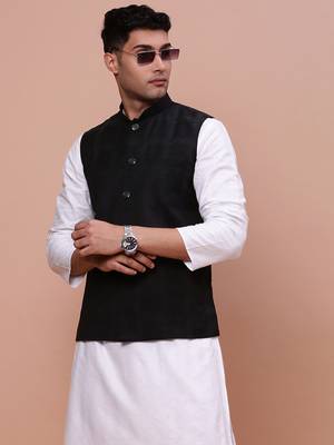 men's printed black slim fit nehru jacket 1